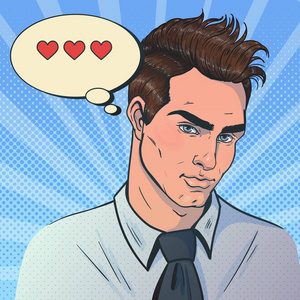 伙计看着摄影机调情.气泡包括心.情人节.流行艺术插图.向量照片