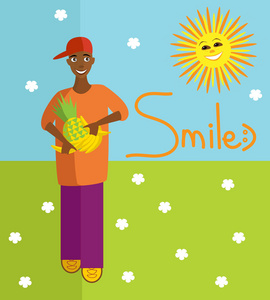 矢量积极插画的微笑的男孩与水果。这个男孩是步行，向太阳微笑