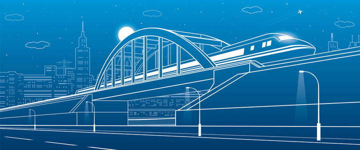 列车沿着铁路桥梁，公路。城市基础设施的插图，背景 工业建筑 塔和摩天大楼，飞机飞的现代化城市。矢量设计艺术