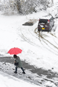 新鲜的白雪纷飞的冬天季节在河口湖，日本