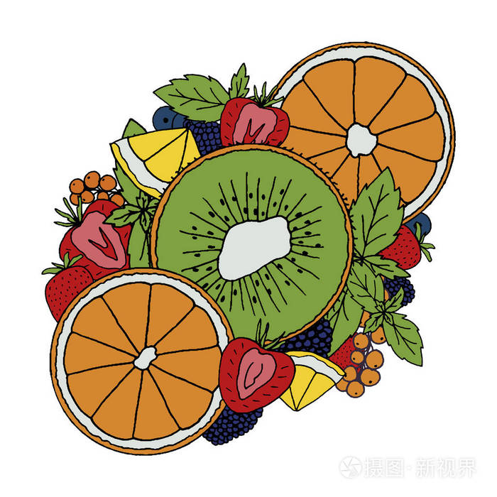 手绘热带水果和浆果涂鸦与插图