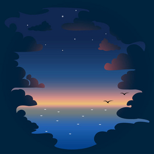 夜云彩和海背景。矢量插图