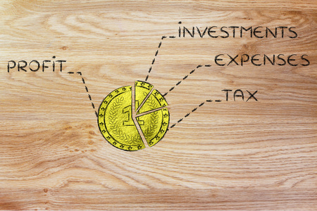 金黄的硬币分裂像饼图与预算元素文本
