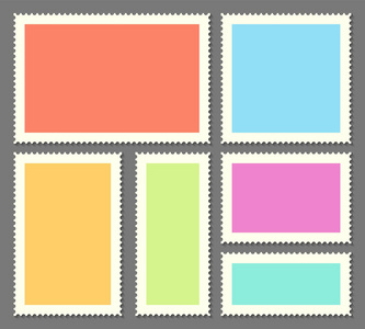创意矢量插图空白邮票设置在背景上隔离。艺术设计模板的地方, 为您的图像和文本。邮件明信片的抽象概念图形元素