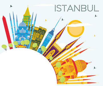 伊斯坦布尔土耳其城市天际线与彩色建筑, 蓝天和复制空间。矢量插图。商务旅行和旅游概念与伊斯坦布尔城市。伊斯坦布尔城市景观与地标
