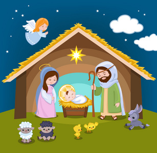 圣诞场景元素集。卡通诞生神圣家族