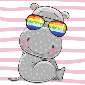 酷拉皮卡酷卡通灰色河马与太阳眼镜照片