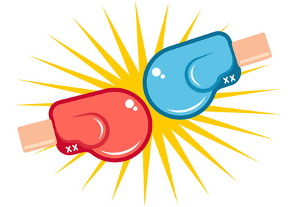 带两个手套的拳击的矢量复古图标.戴红蓝手套的复古徽章照片