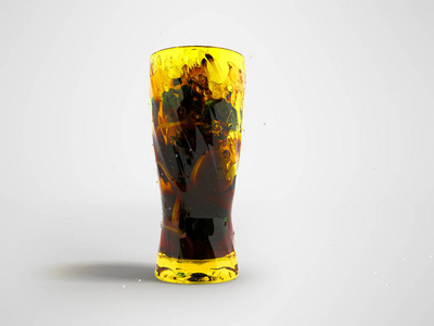 绿茶与冰和柠檬在玻璃与飞溅在前面3d 渲染在灰色背景与阴影