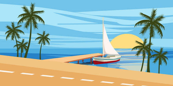 海滩, 在海景的背景下, 游艇帆船, 棕榈树, 卡通风格, 矢量插图照片