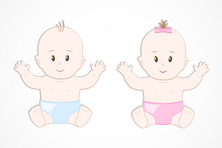 可爱的微笑婴儿双胞胎. 男孩和女孩坐在尿布里.照片