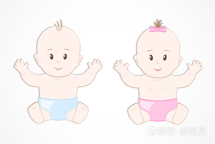 可爱的微笑婴儿双胞胎. 男孩和女孩坐在尿布里.