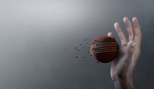 一个红色板球球的特写镜头在缓慢的运动中被抓住, 在空气中飞行即将被肮脏的手抓住3d 渲染