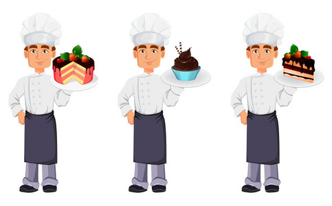 英俊的贝克在专业制服和厨师帽, 一套三体式.欢快的卡通人物藏品蛋糕.