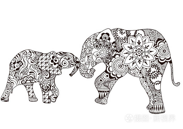 两只大象用印第安图案装饰.米哈迪风格的华丽图案