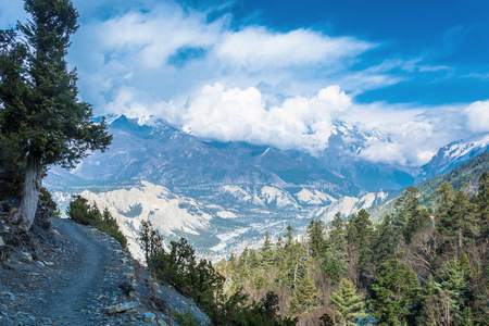 一条狭长的山路, 沿着喜马拉雅山的悬崖边缘, 尼泊尔