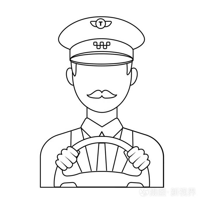出租车司机戴着一顶帽子男子驾驶的士车的士站单个图标在大纲样式矢量