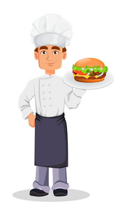 英俊的贝克在专业制服和厨师帽举行美味的芝士汉堡。欢快的卡通人物。白色背景上的矢量插图