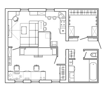 黑色和白色的房子的建筑计划。在绘图视图中家具的公寓的布局。与厨房和浴室 客厅和卧室