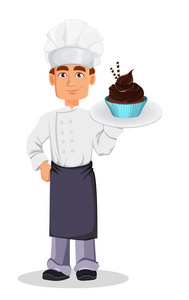 英俊的贝克在专业制服和厨师帽举行巧克力蛋糕在盘子里。欢快的卡通人物。白色背景上的矢量插图