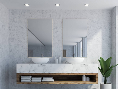浴室内有大理石墙, 一个双水槽站在白色台面上, 两个垂直的镜子挂在上面。关闭3d 渲染
