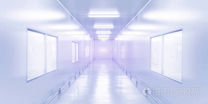现代室内科学实验室或工厂背景在单调的荧光灯照明