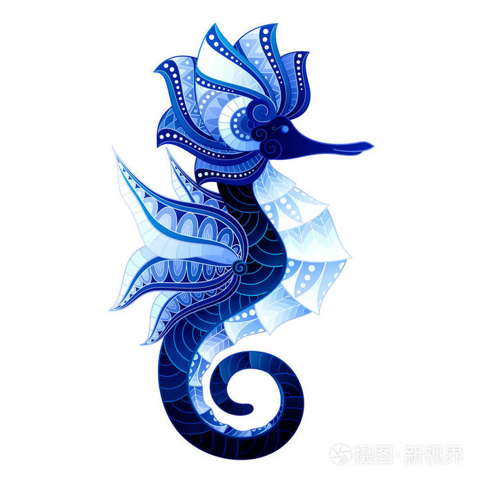 插画 矢量部落装饰海马.在白色背景上的孤立插图.详细轮廓.eps