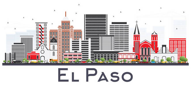 埃尔帕索得克萨斯天际线与灰色建筑隔绝在白色。矢量插图。商务旅游和旅游理念与现代建筑。美国埃尔帕索城市景观与地标