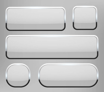 在透明背景下, 带有阴影的铬框架的白色3d 玻璃按钮的创造性矢量插图。艺术设计。抽象概念图形矩形, 椭圆形网页图标元素