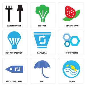 集9个简单的可编辑图标, 如池塘, 公司, 回收标签