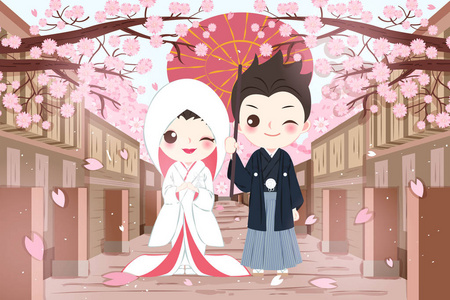 可爱的卡通日本婚礼情侣粉红色的背景照片