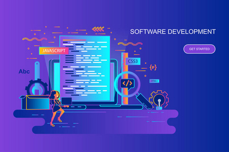 现代梯度扁线概念 web 横幅软件开发与装饰小人物的性格。登录页模板。网页与平面设计市场营销的概念向量图解
