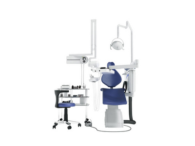 牙科用的牙医设备前面有扶手椅和床头桌, 工具3d 渲染白色背景无阴影