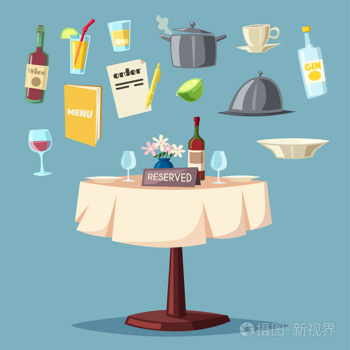 在餐厅的保留的表.卡通矢量图