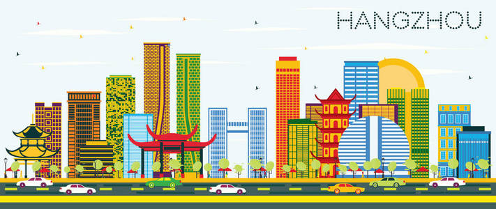 矢量插图.商务旅游和旅游理念与现代建筑.杭州城市景观与地标照片