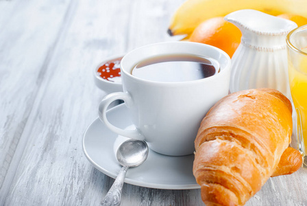 传统的早餐面包和咖啡，果酱，桔子汁