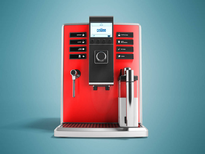 现代多功能咖啡机与牛奶红色前面3d 渲染蓝色背景与阴影