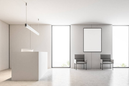 白色招待会桌站立在一个现代公司办公室与米色墙壁和白色地板。侧面视图。一个框架海报。商业内部的概念。3d 渲染模拟