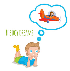 关于平面的男孩梦想。飞机内部认为云。矢量图