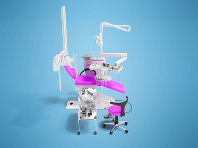 现代半自动牙科椅浅紫色带牙科和牙科椅设备3d 渲染蓝色背景与阴影