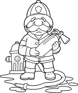 素描消防头盔和复古风格的灭火器字符工作服的消防队员和头盔多彩平一