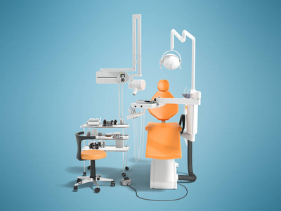 现代半自动牙科椅橙白色配有牙科和牙科椅用轻型设备处理3d 渲染在蓝色背景与阴影
