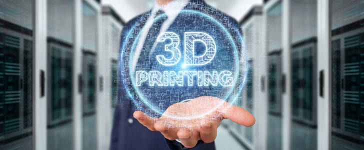 在模糊背景下的商人使用3d 打印数字全息图3d 渲染