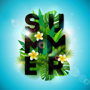矢量夏日假期排版插图与巨嘴鸟鸟, 声学吉他和花卉在热带植物背景。设计模板与绿色棕榈叶为横幅, 传单, 邀请, 小册子
