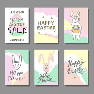 快乐的复活节卡片设置与手绘 grunge 纹理，设计横幅 海报 心魔。快乐的复活节贺卡与可爱的兔子