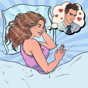 一个年轻的女人睡在她的床上.她看到了她所爱的男人的梦想.