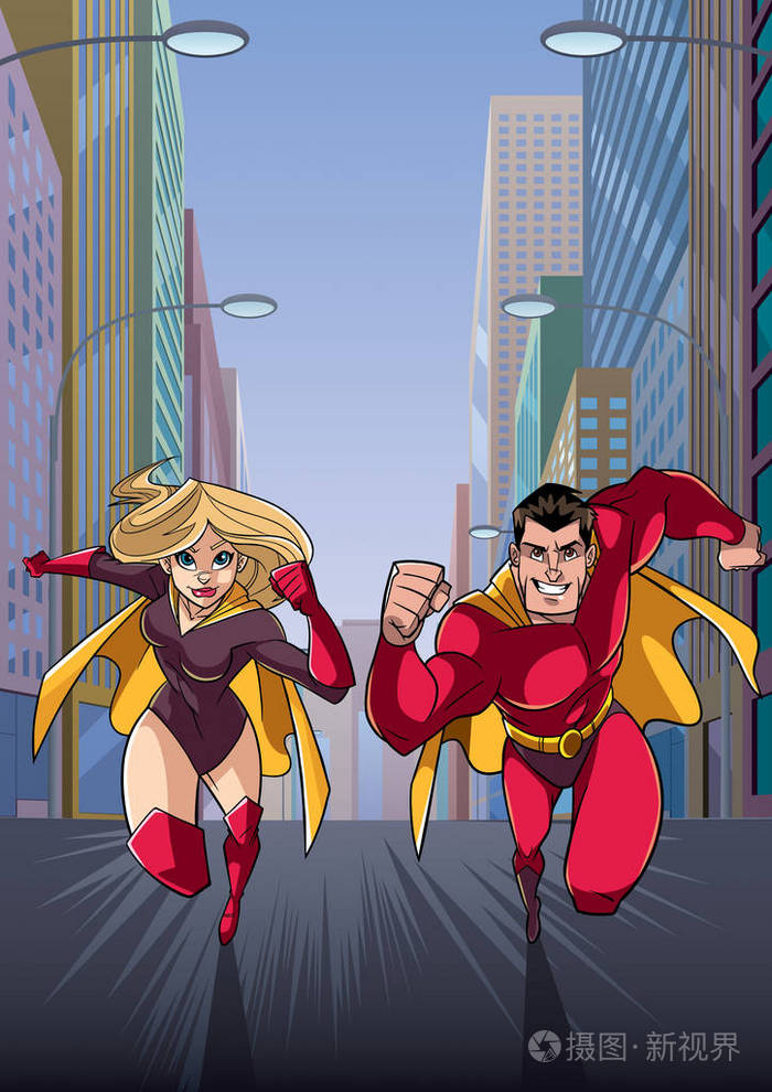 超级英雄夫妇在城市运行
