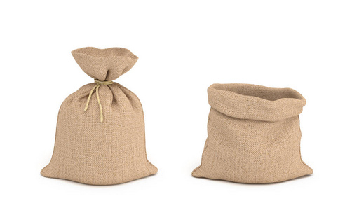 材料查看3d 渲染绑的帆布囊和打开麻袋在前面查看孤立在白色背景照片