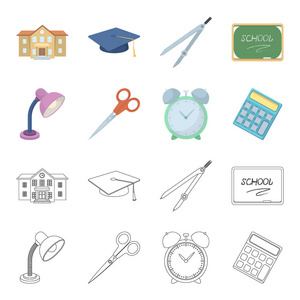 台灯, 剪刀, 闹钟, 计算器。学校和教育集合图标在卡通, 轮廓风格矢量符号股票插画网站