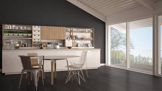 极简主义白色和灰色木制厨房，大全景窗口
